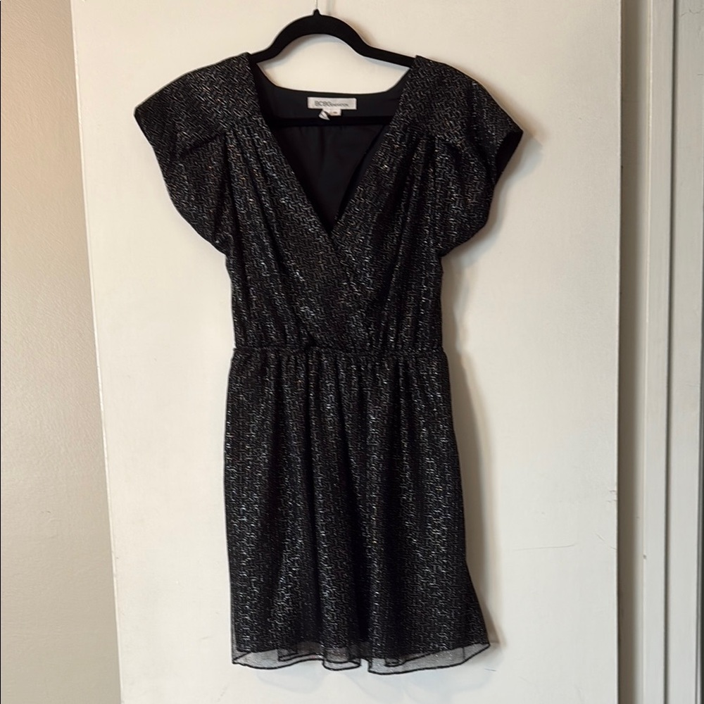 BCBGeneration wrap mini dress black silver short sleeve pleated
